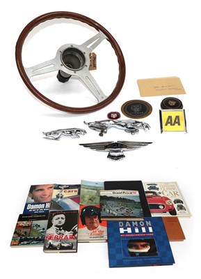 Lot 2087 - A Wood and Metal Three-Spoke Steering Wheel from a Jaguar Mk I; Two Chromed Car Mascots, as leaping