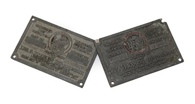 Lot 2091 - Two Lea-Francis Pressed Metal Telegram Leaf or Chassis Plates, one stamped 181279981, the other...