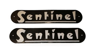 Lot 2093 - Two Pressed Aluminium Centinel Name Plates, with silver lettering on a black ground, 65cm by 14cm