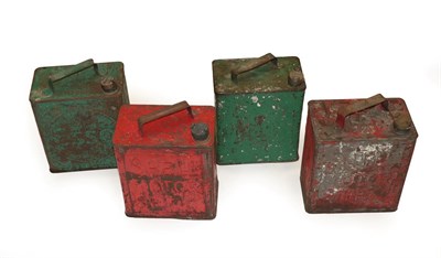 Lot 2101 - Four Vintage Metal Fuel Cans, comprising two red Shell Motor Spirit, a green Pratts, and a...