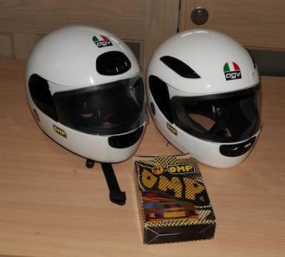 Lot 2115 - An Italian AGV Full-Face Crash Helmet, size L; A Matching Example, size XL; and An OMP JA/800...