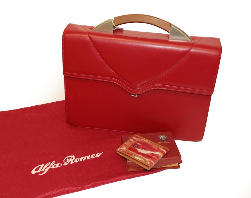 Lot 2122 - Alfa Romeo Interest: A Red Leather Borsa Executive Red Leather Briefcase, with pearwood handle,...