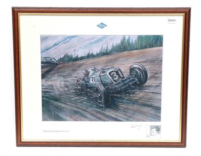 Lot 2152 - Phil May (b.1925) ''Freddie Dixon's Riley at Brooklands'', inset thumbnail sketch Fred Dixon by...