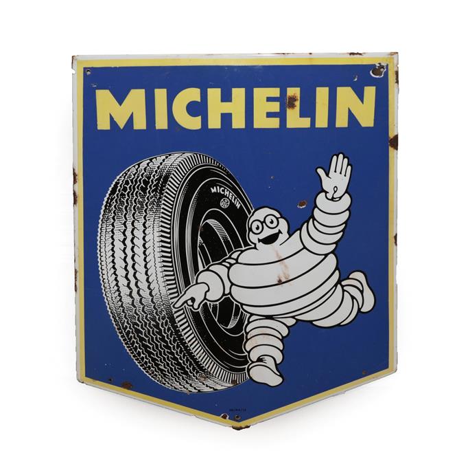 Lot 2156 - Michelin: A 1960's Single-Side Enamel Advertising Sign, depicting Mr Bibendum rolling a tyre,...