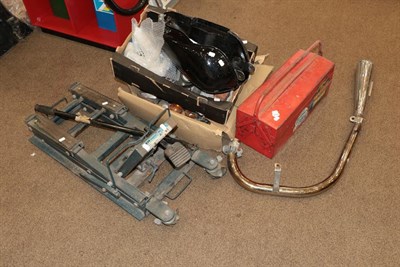 Lot 2205 - Heavy Duty Trolly Jack and Assortment of Tools and Motorcycle Parts including tank, exhaust,...