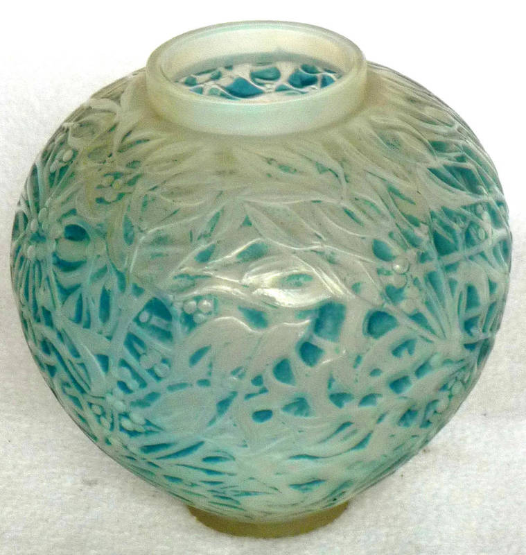 Lot 1470 - A Rene Lalique "Gui" Vase, No.948, designed 1920, clear, frosted and blue stained, moulded with...