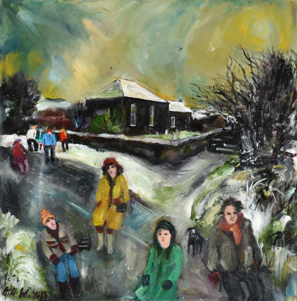 Lot 100 - Gill Watkiss (b.1938) ''Tregerset Chapel, Winter'' Signed, signed and inscribed on a label...