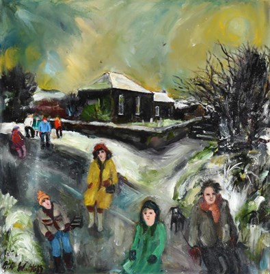 Lot 100 - Gill Watkiss (b.1938) ''Tregerset Chapel, Winter'' Signed, signed and inscribed on a label...
