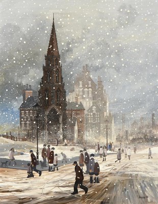 Lot 118 - Brian Shields 'Braaq' FBA (1951-1997) Snow scene with figures before a church Signed and...