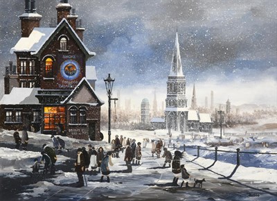 Lot 119 - Brian Shields 'Braaq' FBA (1951-1997) Snow scene before a pub Signed and inscribed ''Ann'', oil...