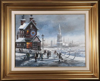 Lot 119 - Brian Shields 'Braaq' FBA (1951-1997) Snow scene before a pub Signed and inscribed ''Ann'', oil...