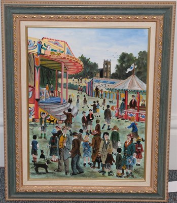 Lot 120 - Allen Tortice (b.1948) ''Fair Scene'' Signed, inscribed verso and dated 1997, oil on canvas, 39.5cm