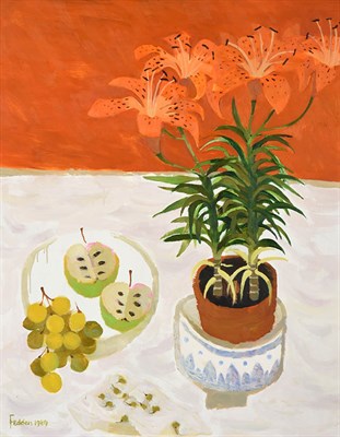 Lot 129 - Mary Fedden OBE, RA, RWA (1915-2012)  ''David's Lilies''  Signed and dated 1989, inscribed to...