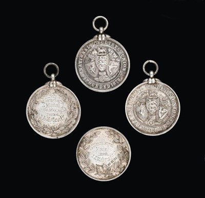 Lot 2047 - Four Victorian Silver Medals, One by J. A. Restall and Co., Birmingham, 1896, One by by Daniel...