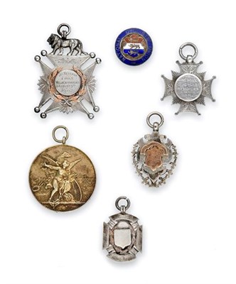 Lot 2050 - Five Various Victorian and Edward VII Silver Medals and a Victorian Silver and Enamel Button,...
