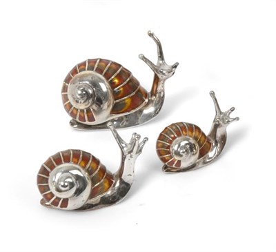 Lot 2098 - Three Enamelled Silver Models of Snails, Probably Saturno, With English Import Marks for Mark...