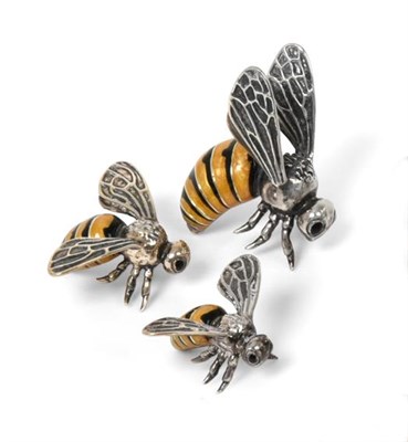 Lot 2099 - Three Enamelled Silver Models of Bees, Probably Saturno, With English Import Marks for Mark...