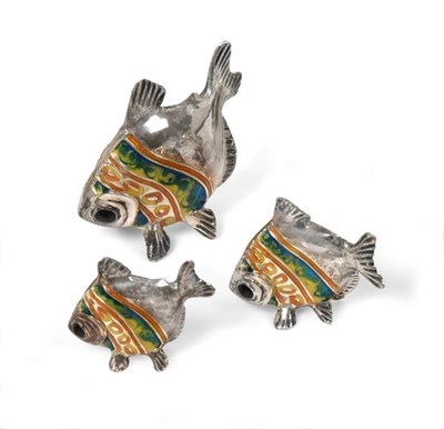 Lot 2100 - Three Enamelled Silver Models of Fish, Probably Saturno, With English Import Marks for Mark...