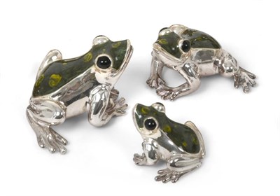 Lot 2101 - Three Enamelled Silver Models of Frogs, Probably Saturno, With English Import Marks for Mark...