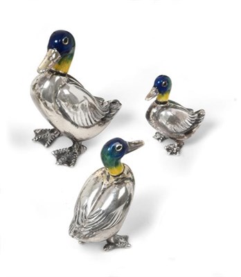 Lot 2103 - Three Enamelled Silver Models of Ducks, Probably Saturno, With English Import Marks for Mark...