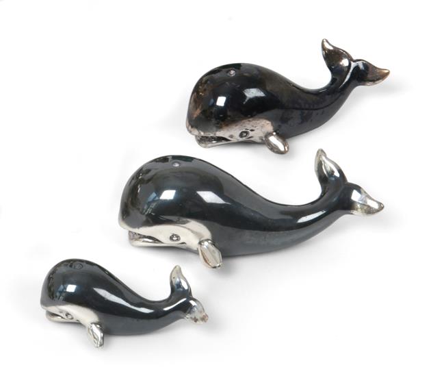 Lot 2104 - Three Enamelled Models of Whales, Maker's Mark 182AR, Probably Saturno, Further Stamped '925', Late