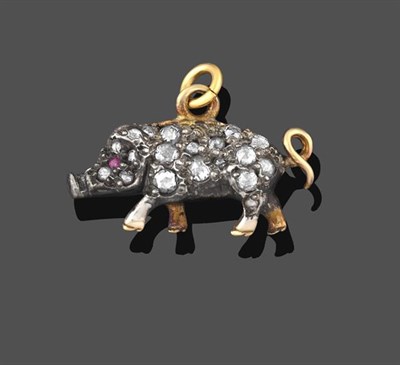Lot 2142 - A Ruby and Diamond Pig Pendant/Charm, realistically modelled as a pig, set throughout with rose cut