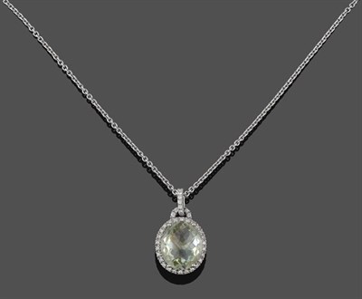 Lot 2160 - An 18 Carat White Gold Diamond and Prasiolite Cluster Pendant on An 18 Carat White Gold Chain,...