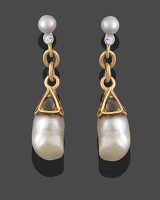 Lot 2164 - A Pair of 9 Carat Gold Cultured Pearl, Diamond and Enamel Drop Earrings, a split pearl suspends...