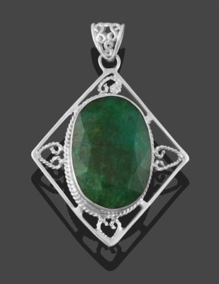 Lot 2176 - A Green Beryl Pendant, the oval cut green beryl in a white claw setting to a kite shaped...