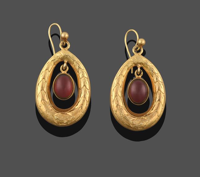 Lot 2186 - A Pair of 9 Carat Gold Garnet Drop Earrings, the oval cabochon garnet in a yellow rubbed over...