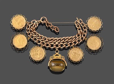 Lot 2204 - A Double Row Bracelet, the yellow graduated double row curb bracelet hung with a citrine swivel fob