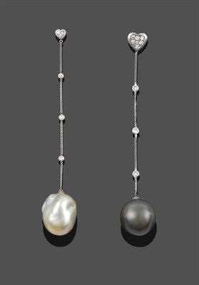 Lot 2207 - A Pair of Similar Cream and Grey Baroque Cultured Pearl and Diamond Drop Earrings, the smaller...