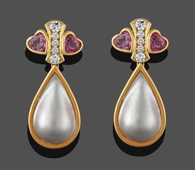 Lot 2243 - A Pair of Diamond, Pink Tourmaline and Mabe Pearl Drop Earrings, a row of five graduated round...