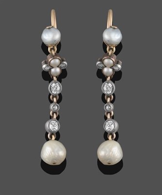 Lot 2245 - A Pair of Victorian Pearl and Diamond Drop Earrings, a pearl suspends a cluster of two pearls...