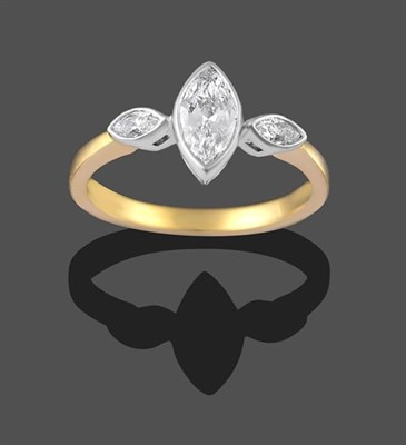 Lot 2248 - An 18 Carat Gold Diamond Three Stone Ring, the graduated marquise cut diamonds in white rubbed over