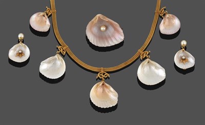Lot 2256 - A Victorian Shell Necklace, five natural shells suspended from a yellow fine woven chain by...