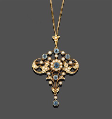 Lot 2273 - An Edwardian Seed Pearl and Aquamarine Brooch/Pendant on Chain, a central cluster formed of a round