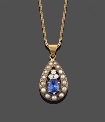 Lot 2277 - A 9 Carat Gold Sapphire, Diamond and Split Pearl Pendant on Chain, an oval cut sapphire...
