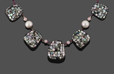 Lot 2281 - A Multi-Gemstone Bead Necklace, five graduated abalone mosaic panels centrally spaced by...