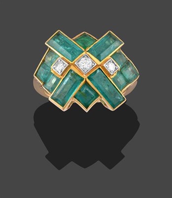 Lot 2284 - An Emerald and Diamond Ring, of geometric design, three round brilliant cut diamonds in white...