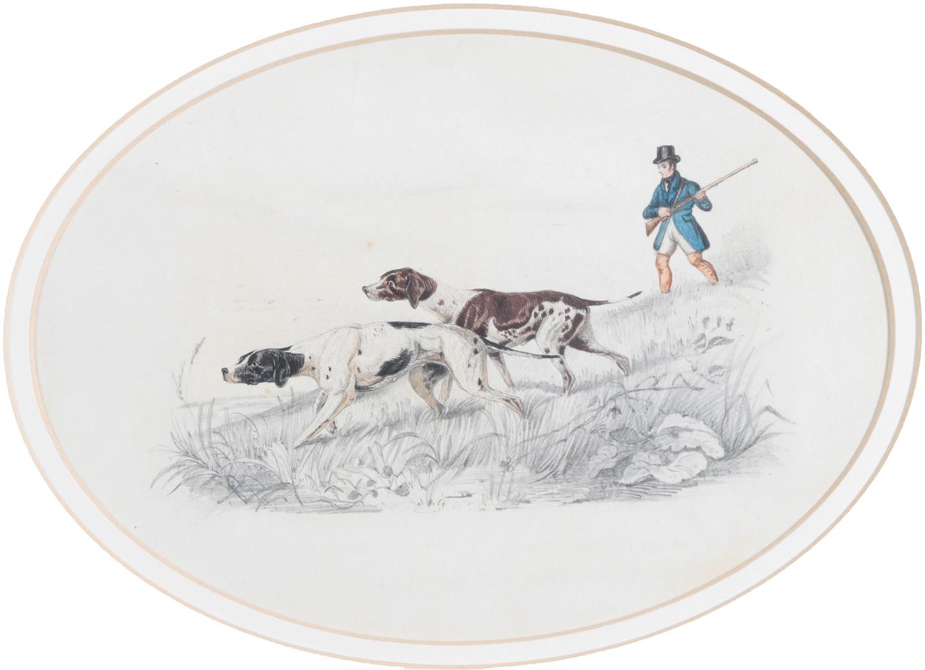 Lot 1023 - Circle of Henry Thomas Alken (1785-1851) A sportsman walking up behind two pointers Pencil and...