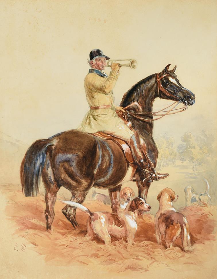 Lot 1030 - John Frederick Tayler PRWS (1802-1889) Blowing for home - mounted huntsman and hounds...