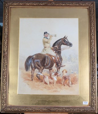 Lot 1030 - John Frederick Tayler PRWS (1802-1889) Blowing for home - mounted huntsman and hounds...