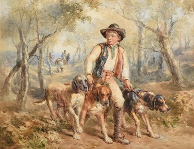 Lot 1031 - John Frederick Tayler PRWS (1802-1889) Young huntsman with trio of hounds and mounted huntsmen...