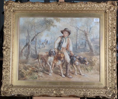 Lot 1031 - John Frederick Tayler PRWS (1802-1889) Young huntsman with trio of hounds and mounted huntsmen...