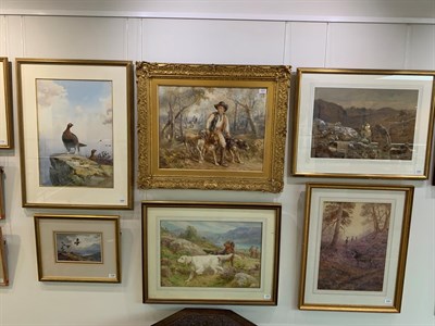 Lot 1031 - John Frederick Tayler PRWS (1802-1889) Young huntsman with trio of hounds and mounted huntsmen...