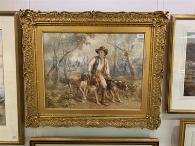 Lot 1031 - John Frederick Tayler PRWS (1802-1889) Young huntsman with trio of hounds and mounted huntsmen...