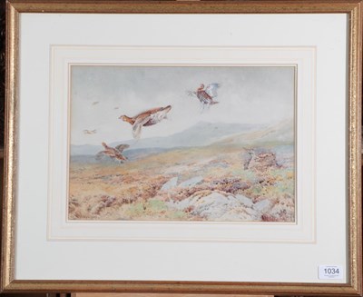 Lot 1034 - William Woodhouse (1857-1939) A covey of Grouse crossing the line Signed, watercolour, 25cm by 37cm