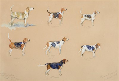 Lot 1060 - Michael Lyne (1912-1989) ''Claro Beagles, Yorkshire, 1948'' Signed, inscribed and dated 1948,...