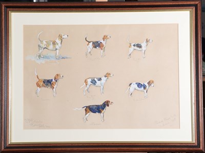 Lot 1060 - Michael Lyne (1912-1989) ''Claro Beagles, Yorkshire, 1948'' Signed, inscribed and dated 1948,...